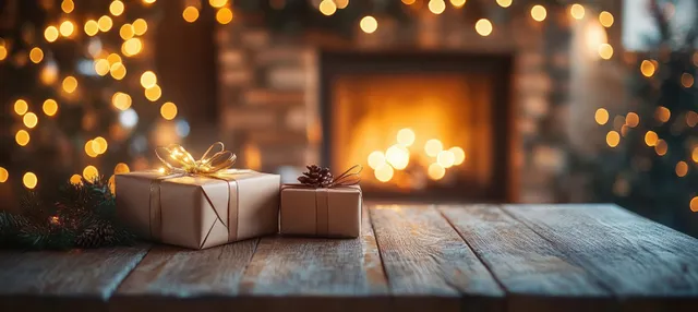 Wrapped Christmas gifts sit on a rustic wooden table in warm fireplace light with soft bokeh decorations.