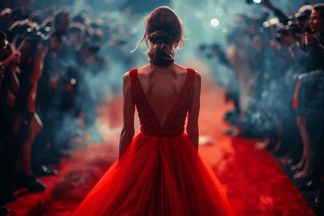 Glamorous woman in flowing red gown walks a night red carpet while paparazzi flashes