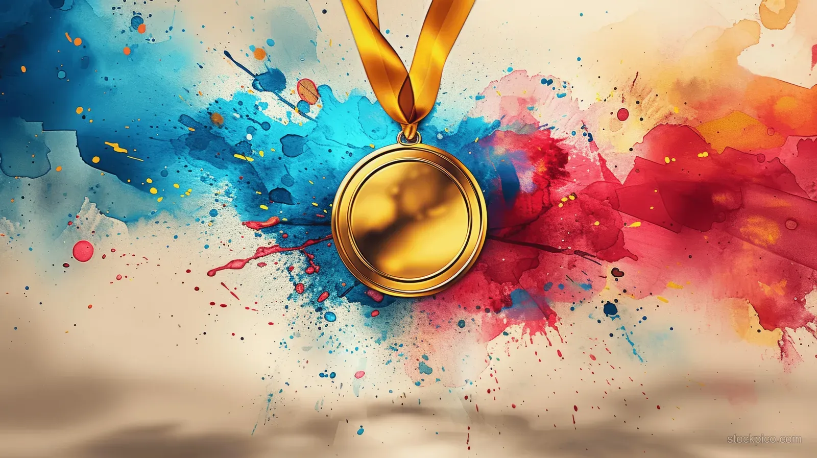 Golden medal centered over colorful splattered paint clouds on an abstract background.