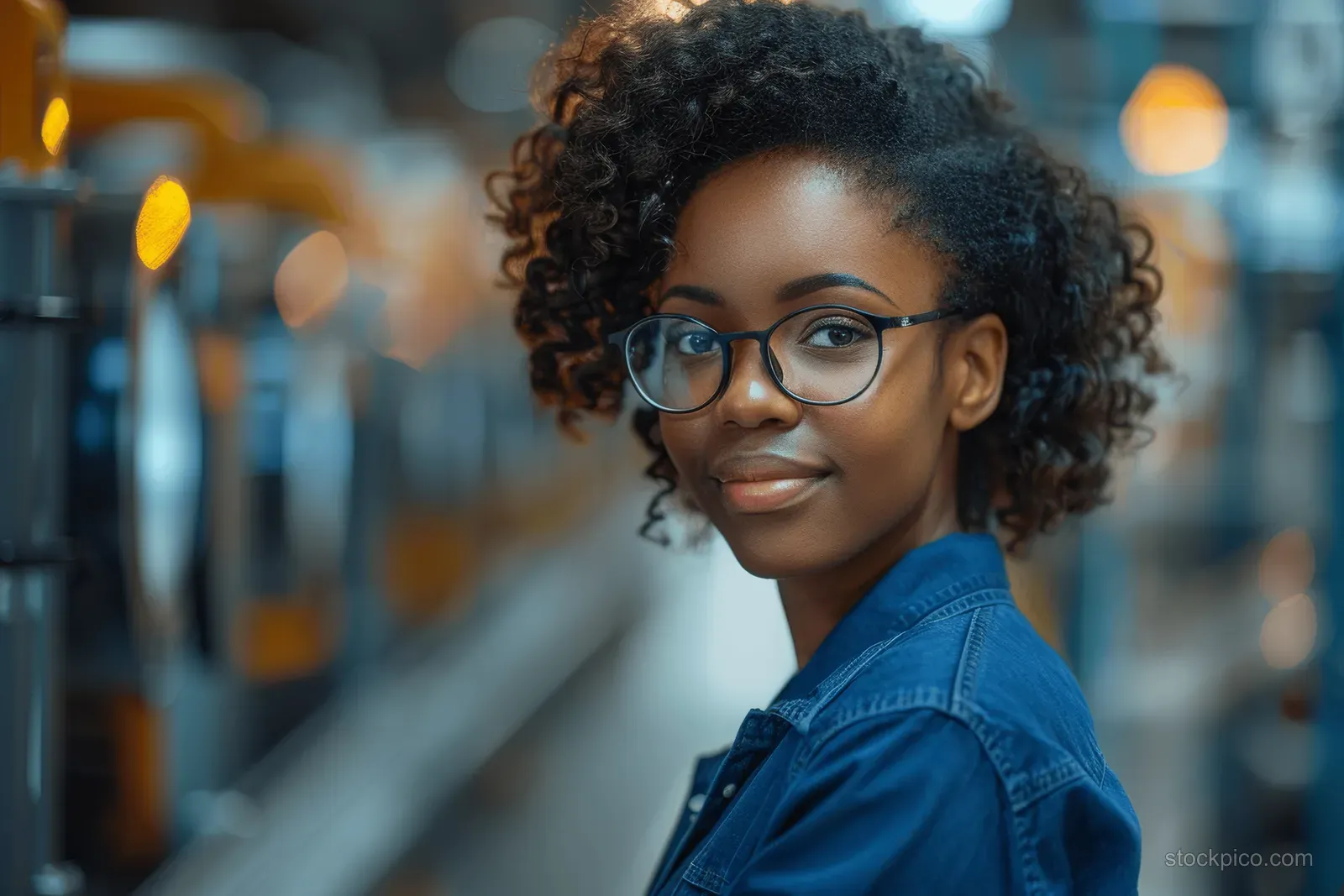 An African American woman wearing safety glasses stands in a modern automotive factory with blurred equipment in the background.