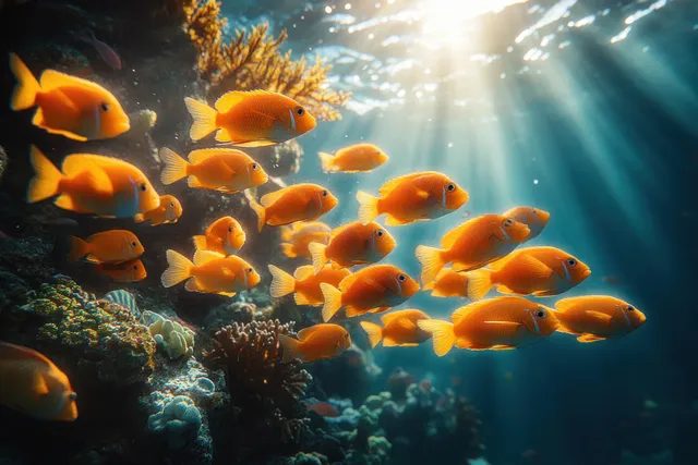 Barramundi and small fish school swim near Richelieu Rock under sunbeams in the Andaman Sea.