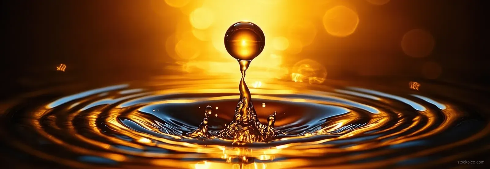 Close-up of a water droplet splashing into concentric ripples on a reflective surface with warm golden light.