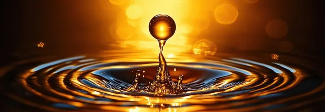 Water droplet splash on rippling surface with warm golden reflections and soft bokeh with Shallow Depth Of Field