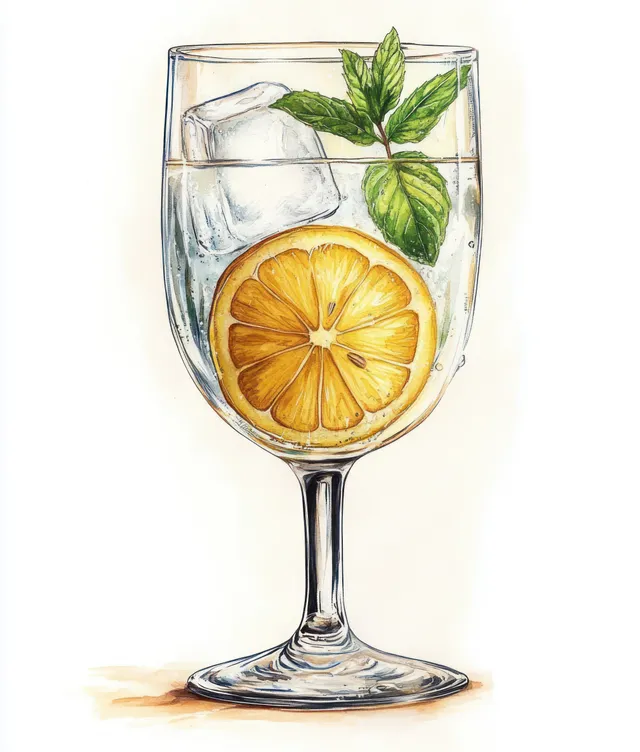 Watercolor still life of clear glass with ice cubes, orange slice, and mint sprigs