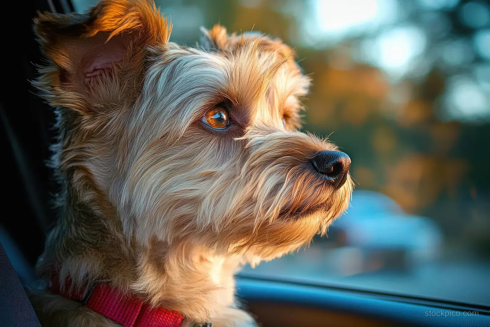 A small dog with light brown fur and a red collar looks thoughtfully out a car window during golden hour.