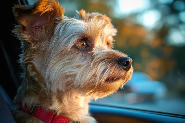 A small dog with light brown fur and a red collar looks thoughtfully out a car window during golden hour.