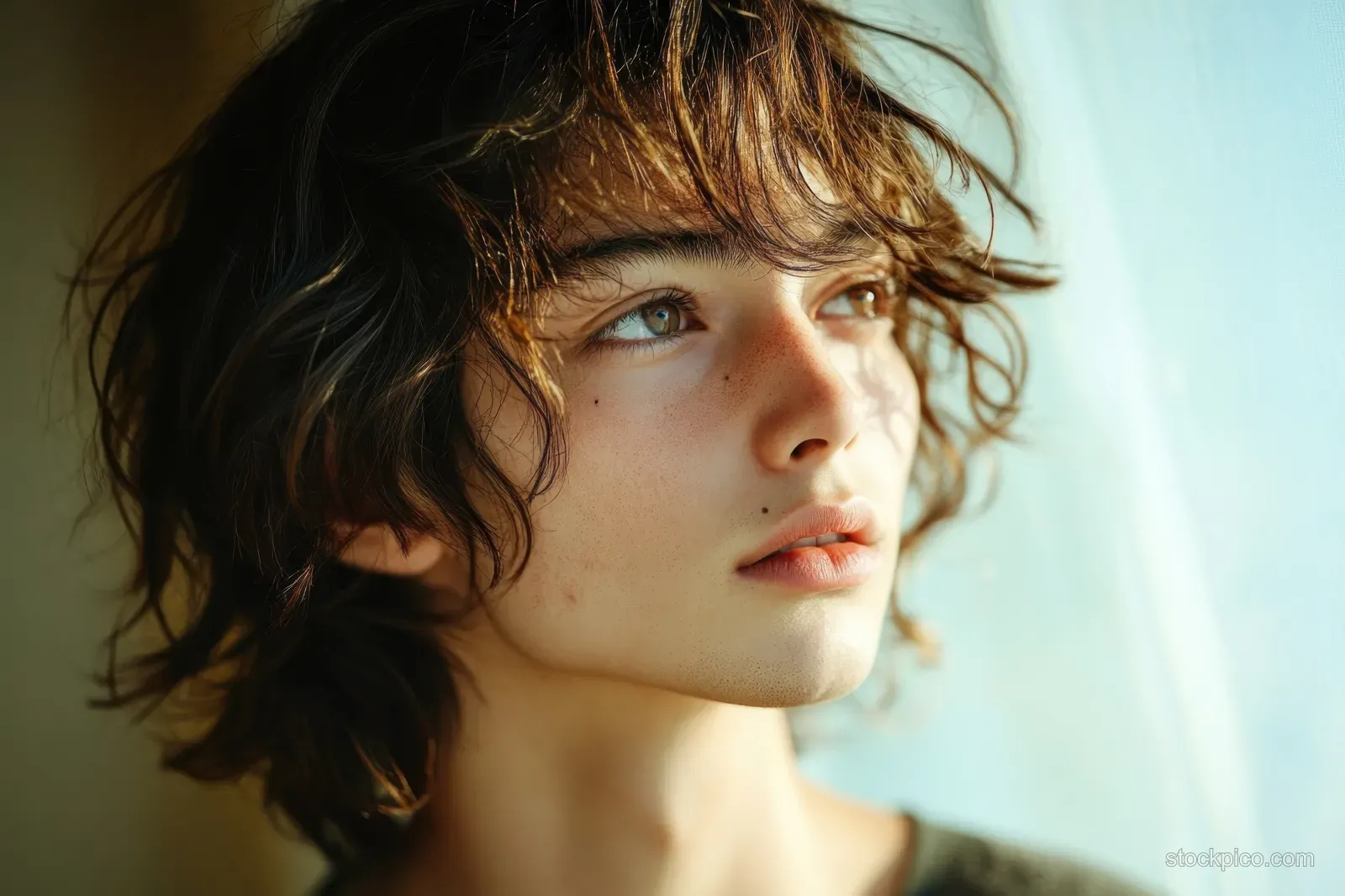 Young Asian man in close-up portrait lit by soft natural daylight, looking off-camera with tousled hair.