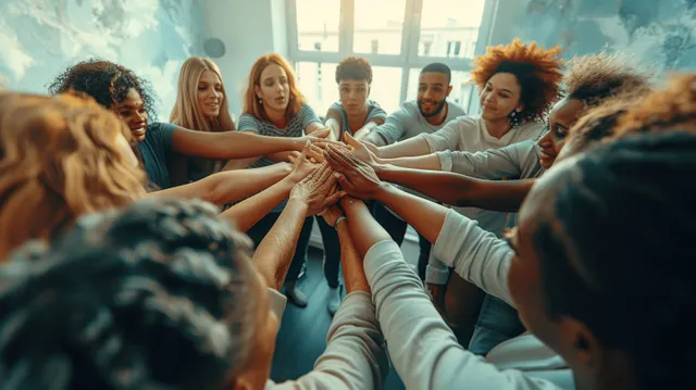Multiracial office team raising hands together in a circle during teamwork workshop