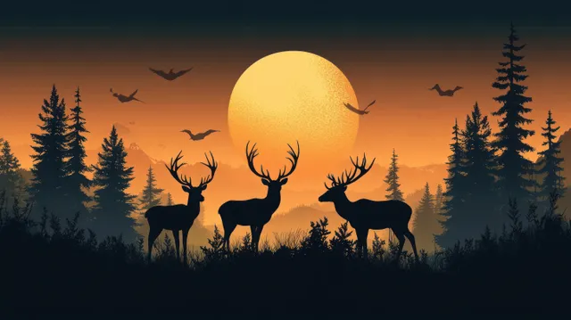 Three antlered deer silhouettes stand in a forest clearing as birds fly around a large glowing sunset sun.