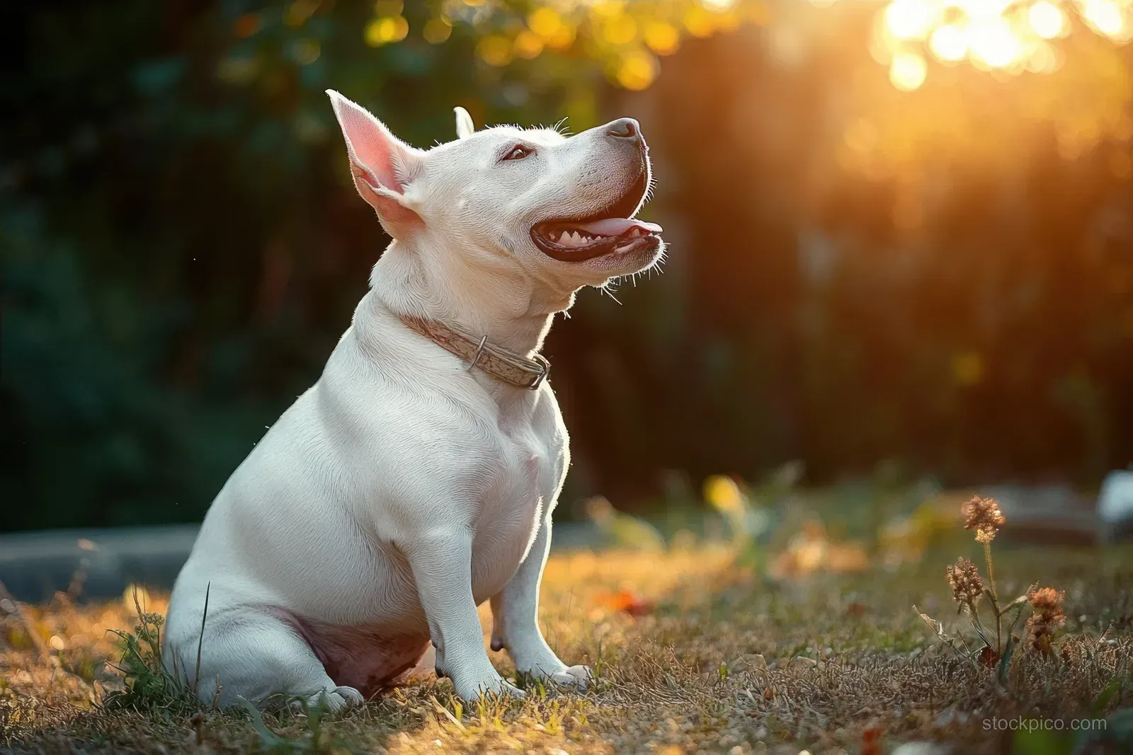 A white dog sits on dry grass during golden hour, looking upward with a happy expression.