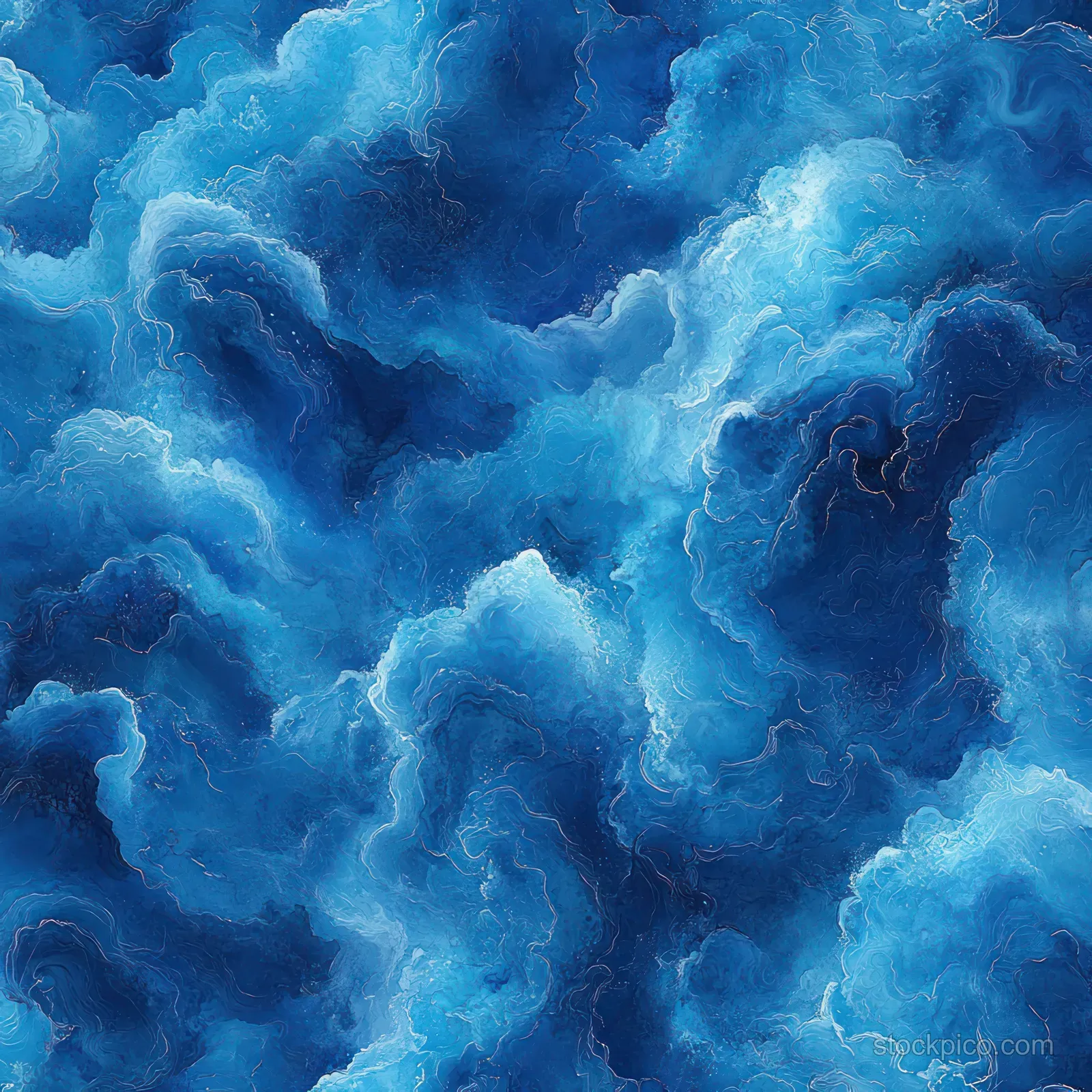 Seamless watercolor pattern of deep blue and teal wave-like clouds with soft marbled texture and smooth gradients.