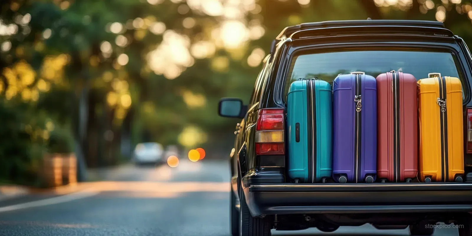 Black car on a sunny tree-lined road with four colorful suitcases loaded in the open trunk.