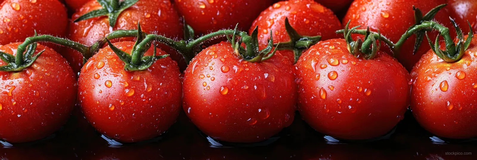 A close-up cluster of red tomatoes with water droplets and green stems arranged against a dark background.