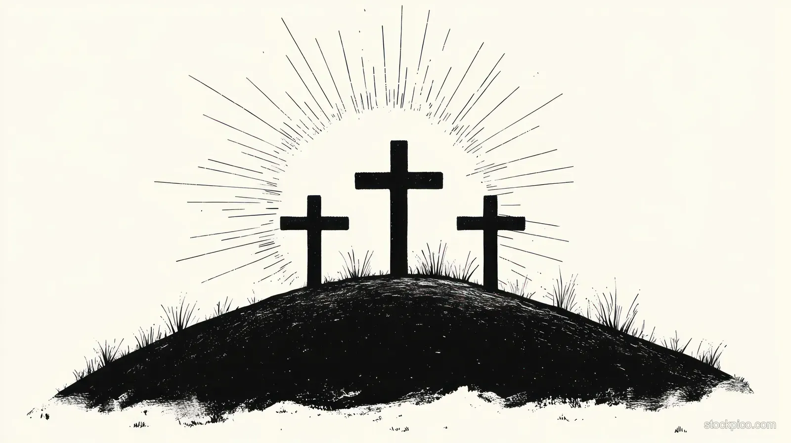 Three black crosses stand on a grassy hill with radiant sunburst light rays behind them.