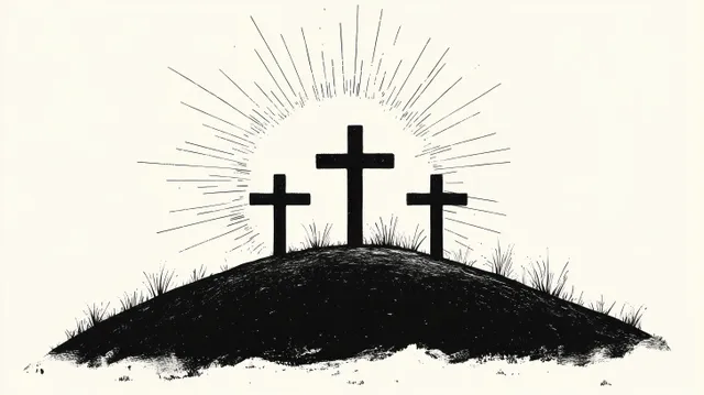 Three black crosses stand on a grassy hill with radiant sunburst light rays behind them.