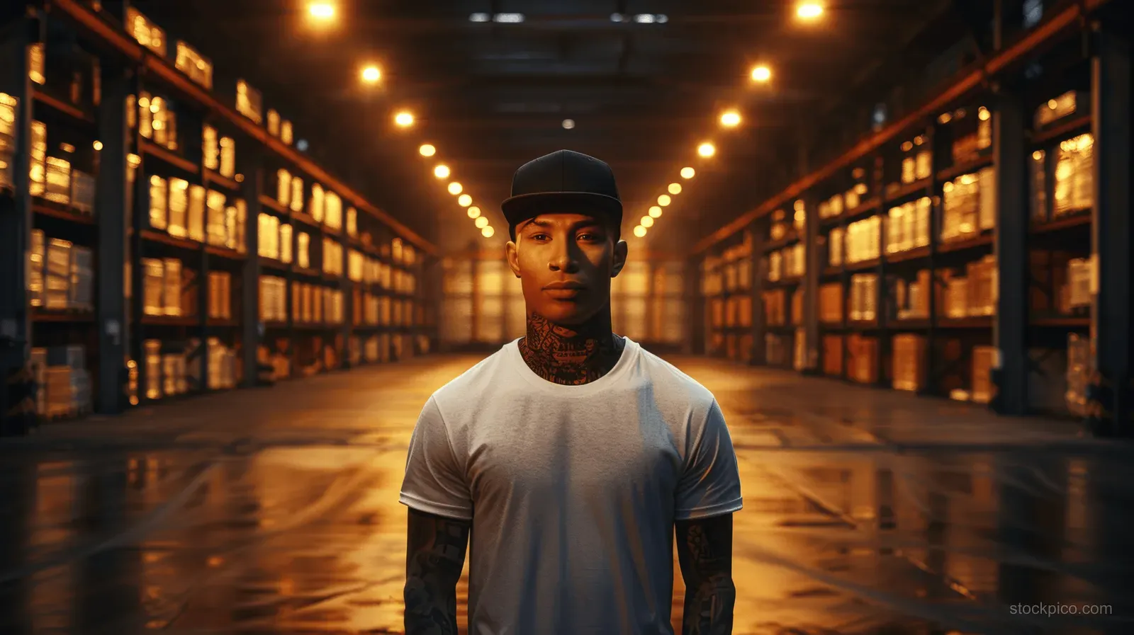 Silhouetted warehouse worker stands between pallet racks in a lit warehouse at night.