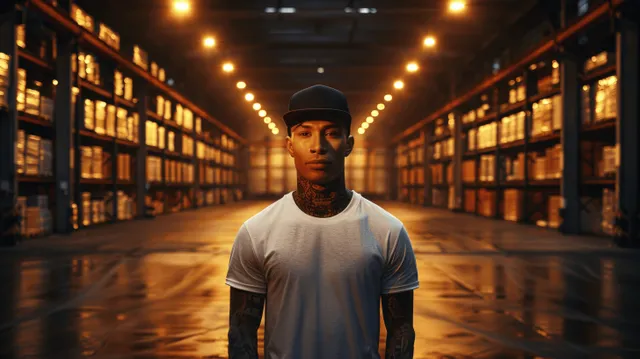 Warehouse worker silhouetted at night aisle, standing between pallet racks under warm lighting