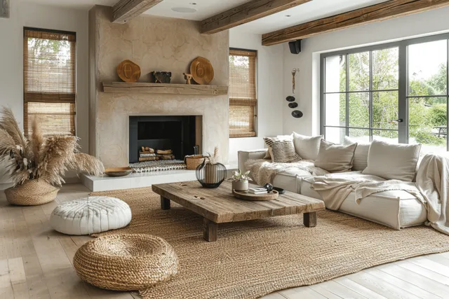 Grey sofa and wooden coffee table sit in a Scandinavian living room beside a lit fireplace and large windows.