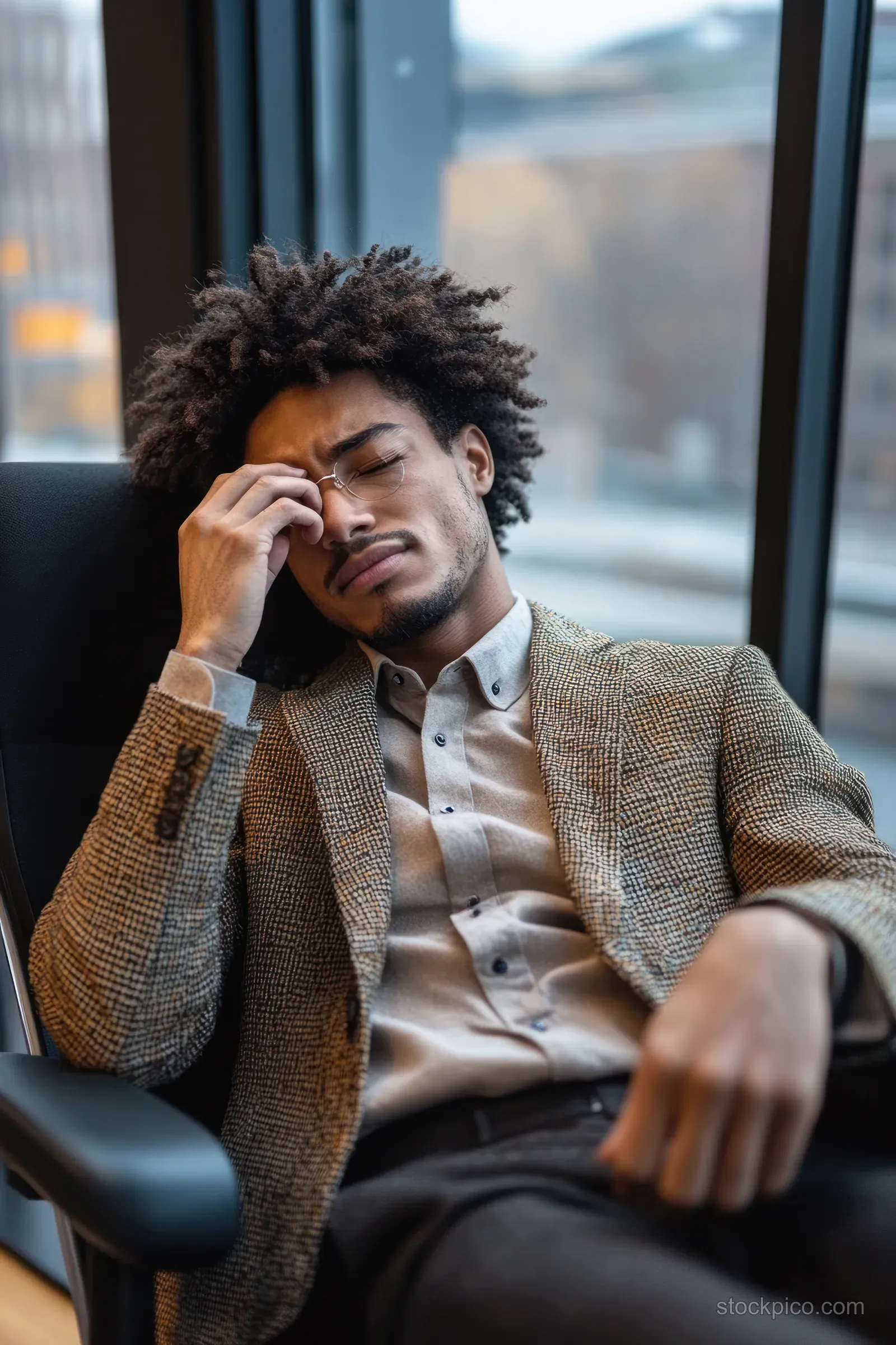 Young man in office chair rubbing his forehead with eyes closed as daylight comes through window.