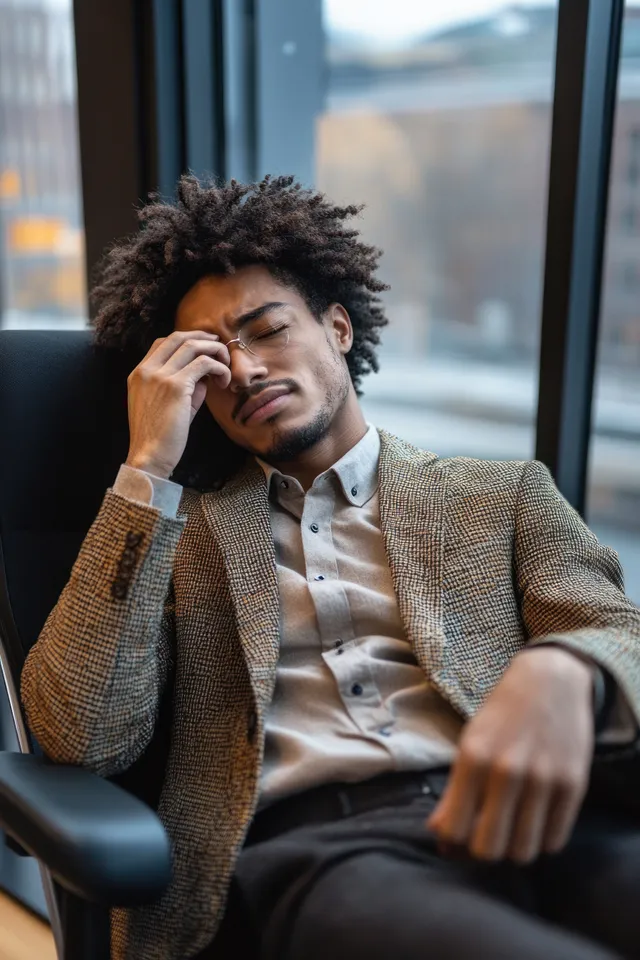 Young man in office chair rubbing his forehead with eyes closed as daylight comes through window.