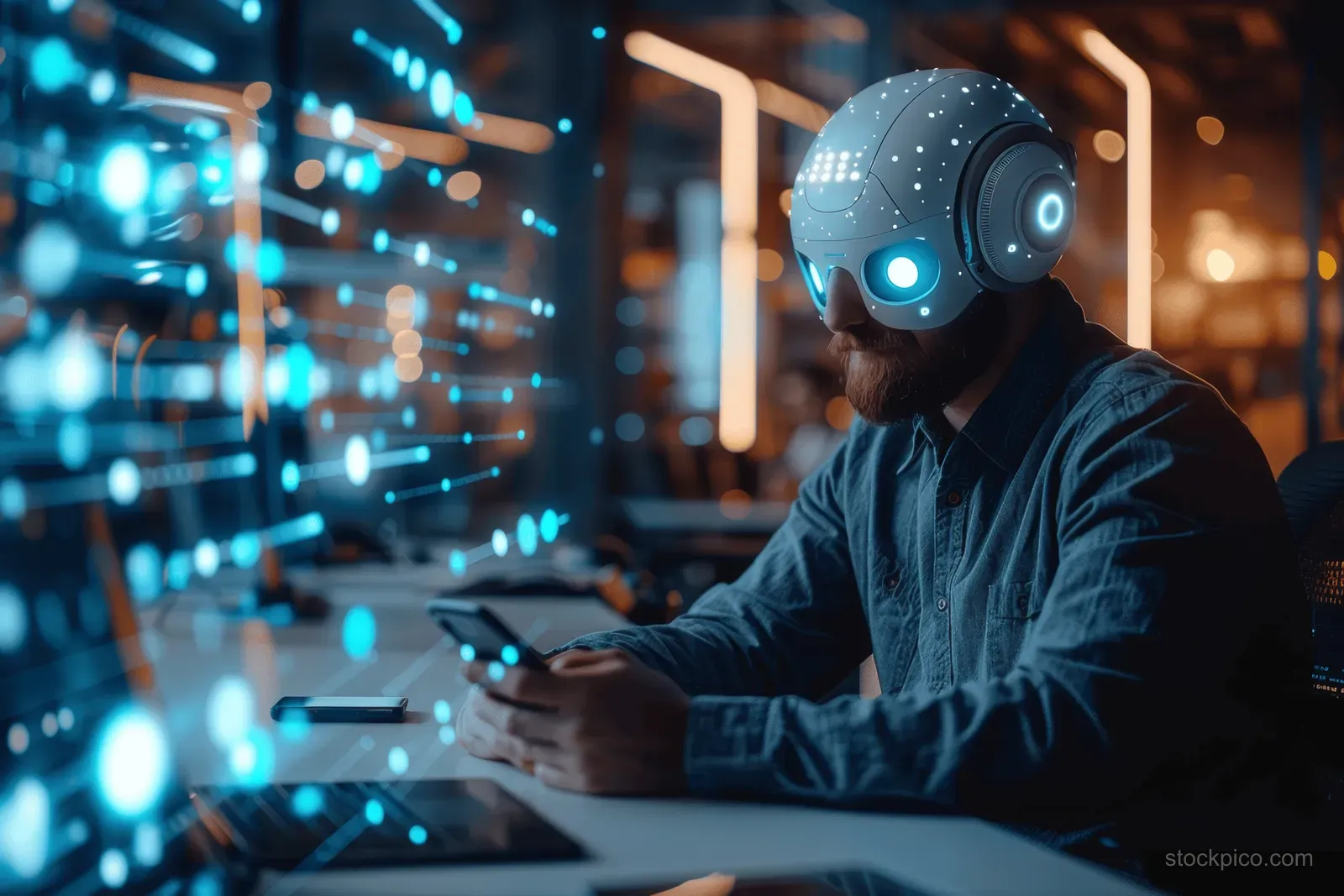 A person wearing a headset types at a computer while a holographic AI interface hovers nearby.