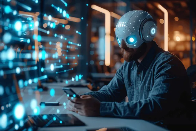 Headset-wearing analyst chats with holographic AI assistant while typing on a desktop