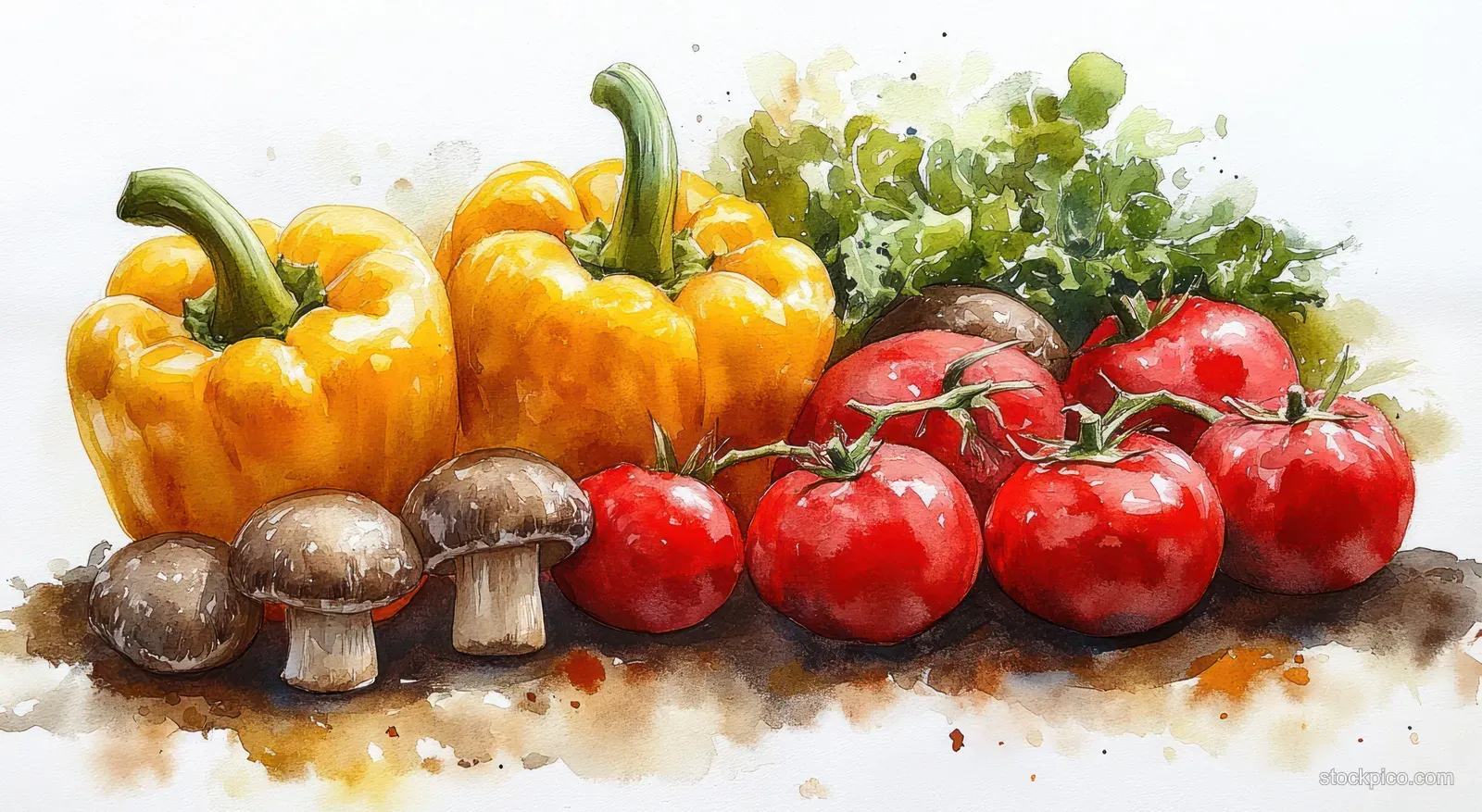 Watercolor still life of yellow bell pepper, red tomatoes, mushrooms, and green herbs on a white background.