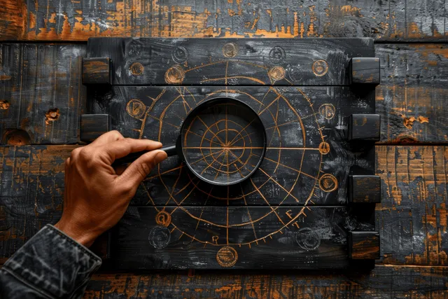 A hand holds a magnifying glass over a compass design on a weathered wooden board.