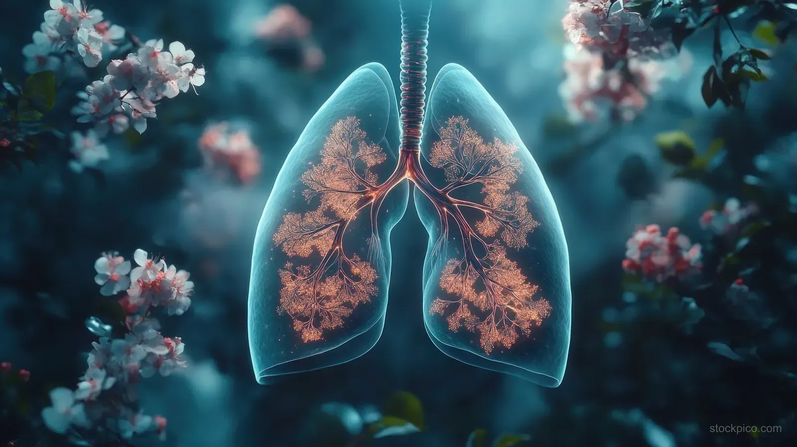 Surreal lungs float in smoky blue air with glowing damaged bronchi and polluted haze around them.
