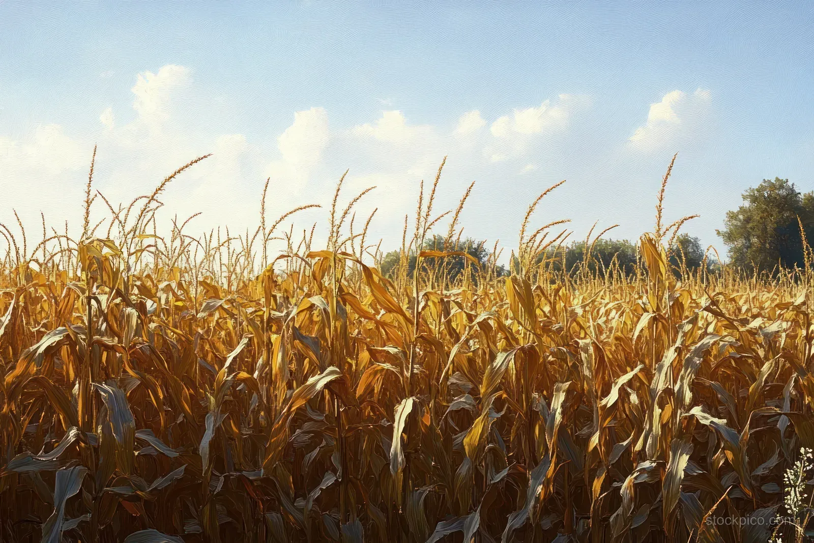Golden cornfield sways under warm autumn sunlight with blue sky above on a Midwest farm.