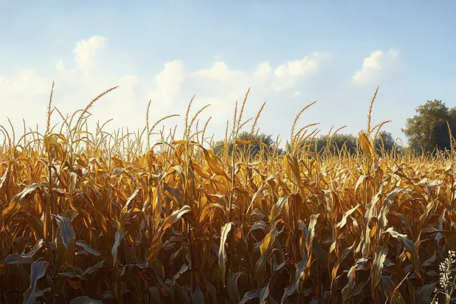 Golden cornfield sways under warm autumn sunlight with blue sky above on a Midwest farm.
