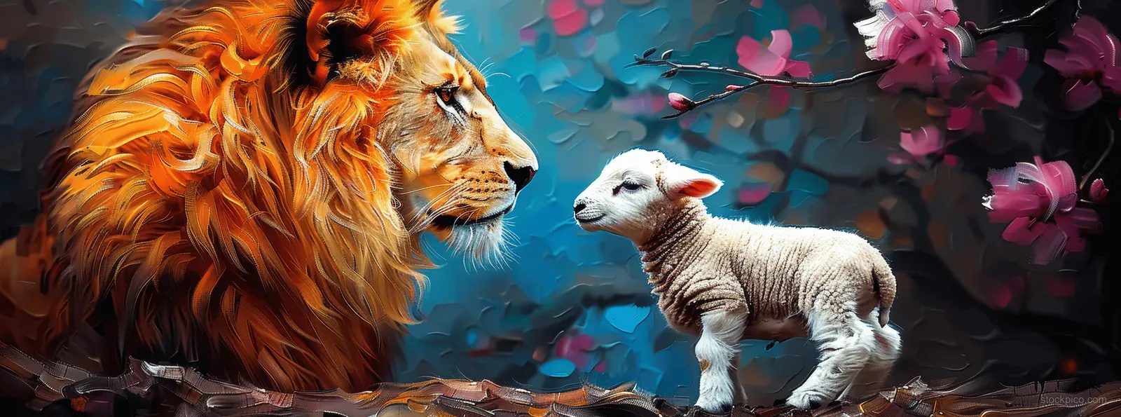 A lion and a lamb face each other against a dark painted background with bright flowers.