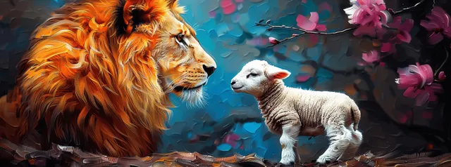 A lion and a lamb face each other against a dark painted background with bright flowers.