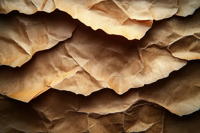 Crumpled brown paper texture with deep wrinkles and soft shadowed folds filling the frame