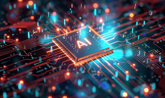 Glowing AI microchip on an illuminated circuit board with neon wiring and scattered data-like sparks.