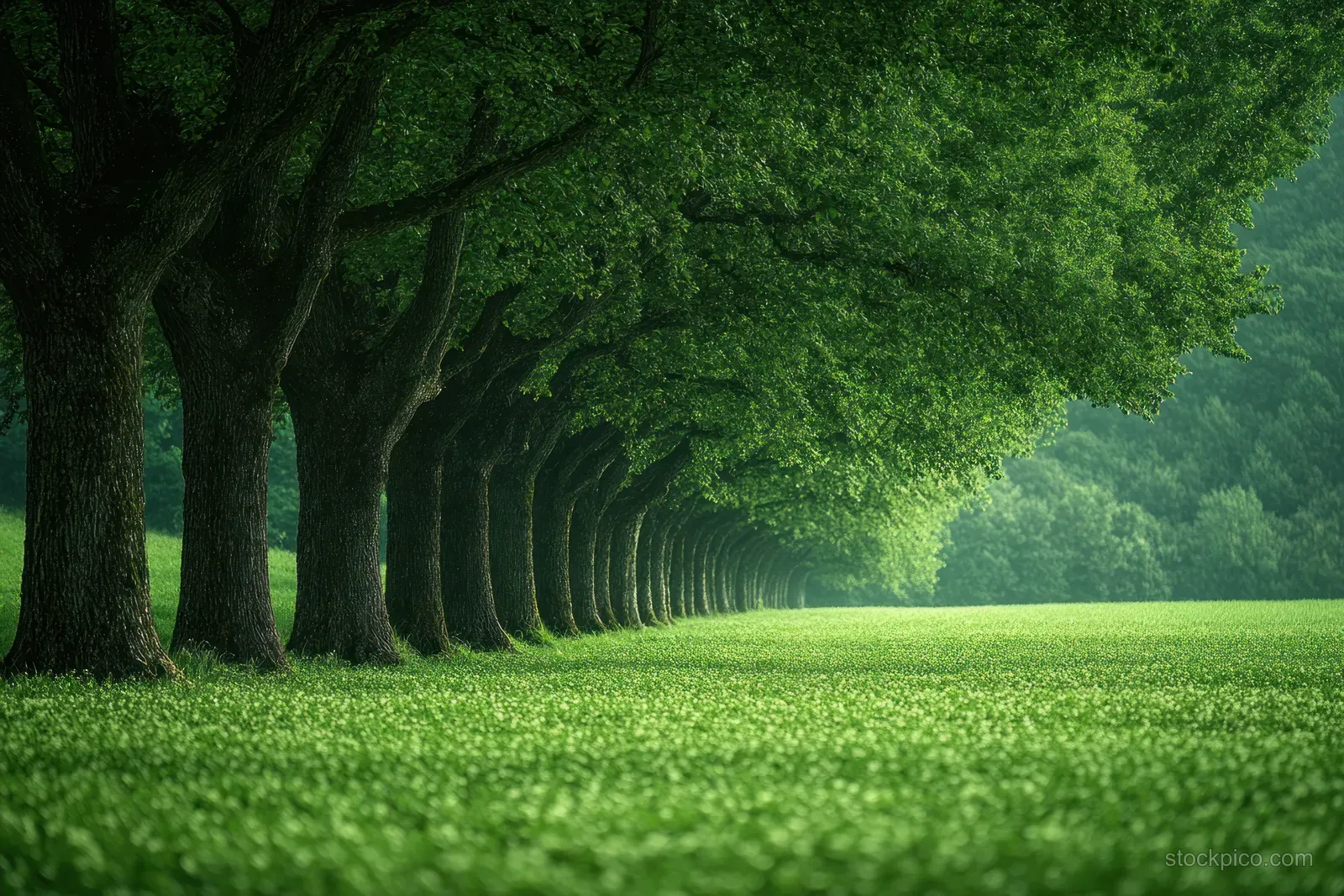A green tree-lined avenue stretches across a meadow under soft diffused light and misty depth.