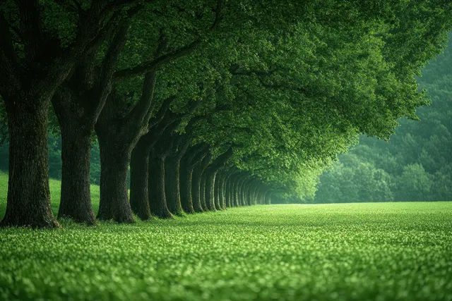 Green tree-lined avenue fading into misty distance across a sunlit meadow