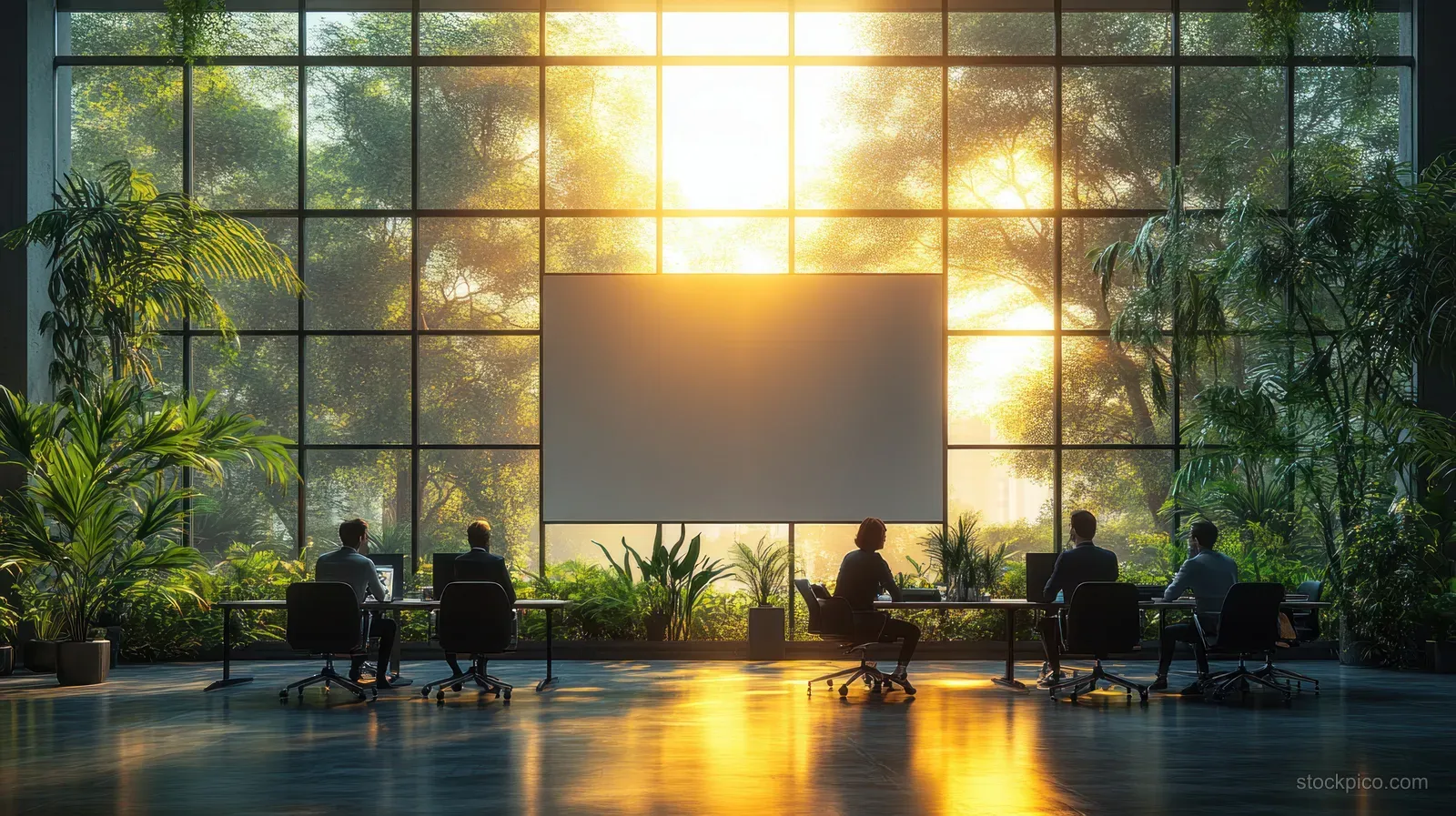 A team of business characters meets around a table in an office with large sunset windows and a glowing presentation screen.