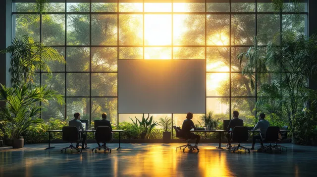 Business team meeting in office at sunset, flat character silhouettes sharing ideas