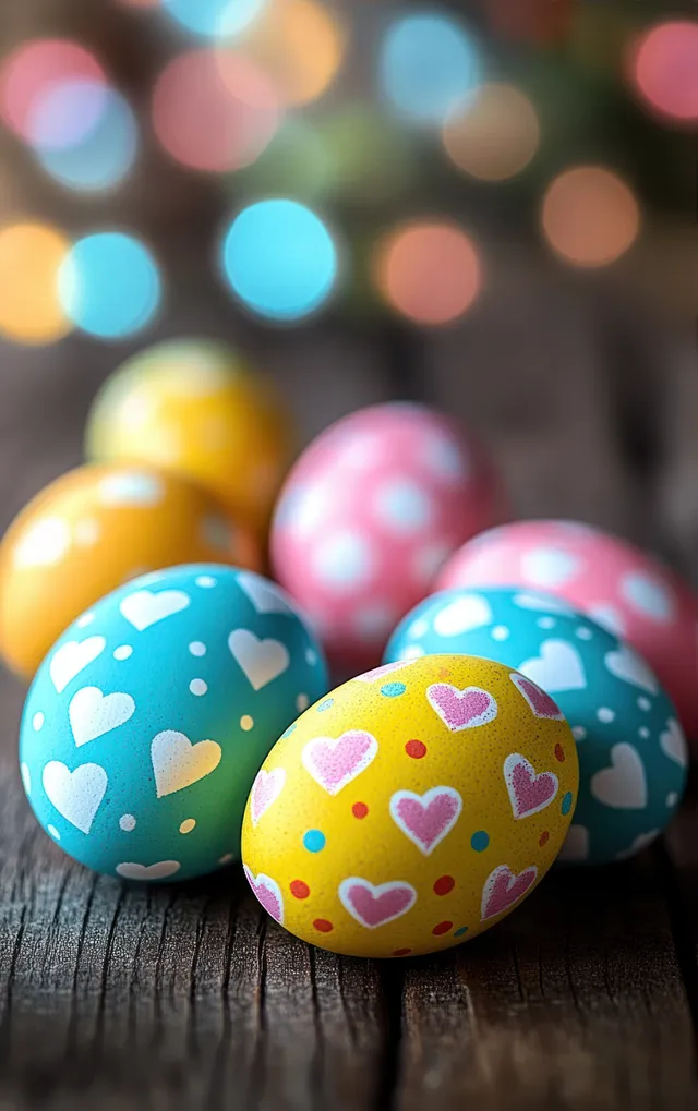 Colorful Easter eggs with heart and polka dot patterns on rustic wood with blurred colorful bokeh lights in the background.