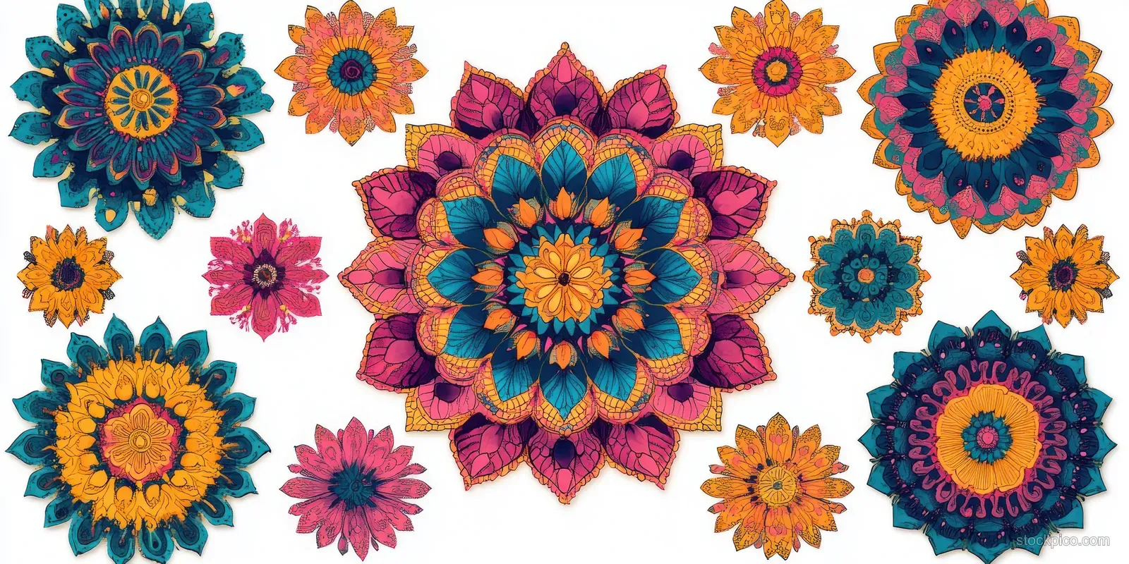 Central colorful floral mandala surrounded by smaller symmetric flower rosettes on a white background.