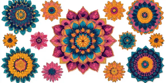Symmetrical floral mandala collage with vibrant orange, pink, blue, and teal radial patterns