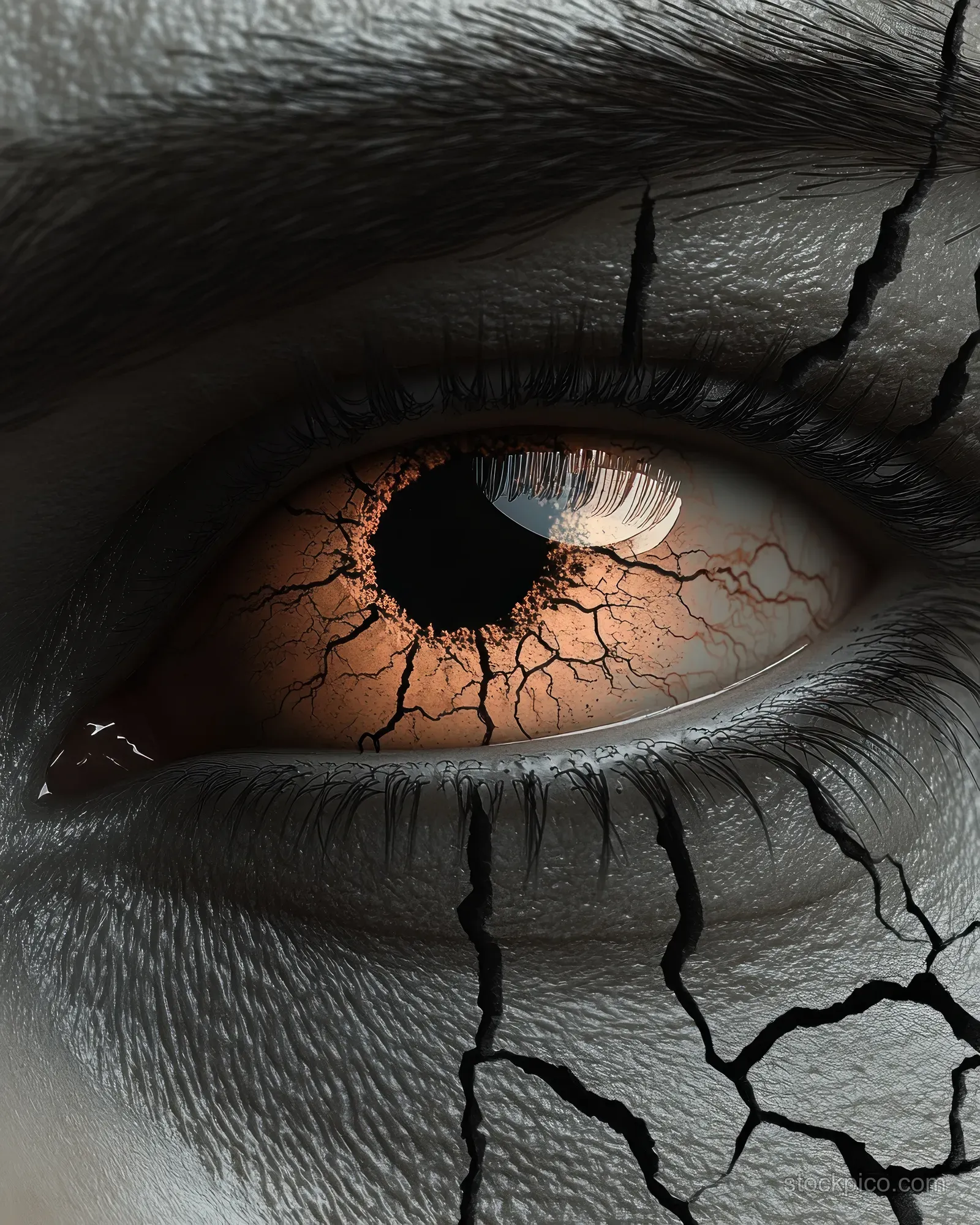 Macro close-up of a human eye with cracked skin texture and branching fissures around the iris.