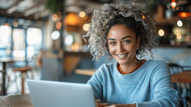 Smiling woman typing on a laptop at a modern cafe table with warm blurred lights in the background.