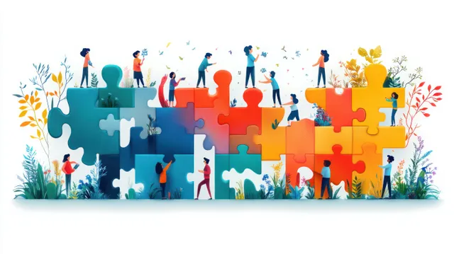 Cartoon business characters collaborate to assemble colorful jigsaw puzzle pieces within a desk setting.