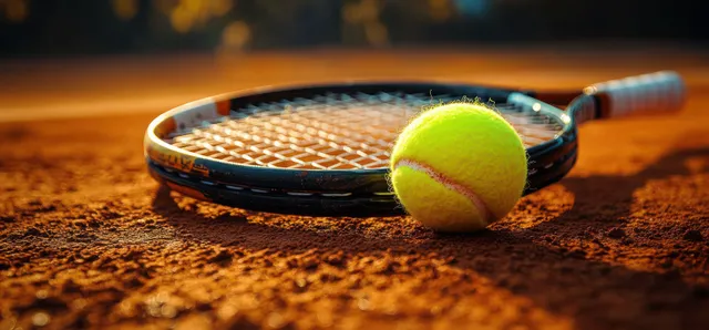 Tennis racket and yellow ball resting on clay court at golden hour light with Shallow Depth Of Field