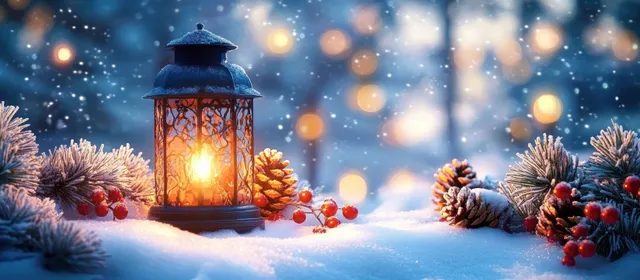 Warm lantern glow with pine cones and red berries on snow against a blue bokeh winter background.