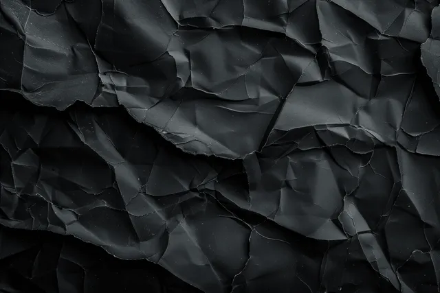 Crumpled black paper fills the frame with layered folds and deep creases.
