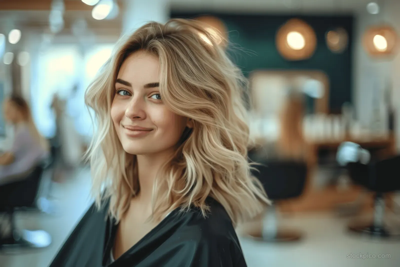Blonde woman smiling in a salon chair while hair is styled into shoulder-length waves.