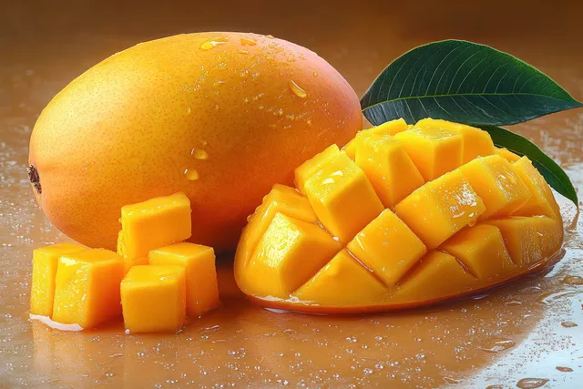 Whole and cubed ripe mango with water droplets on a wet surface alongside green leaves.